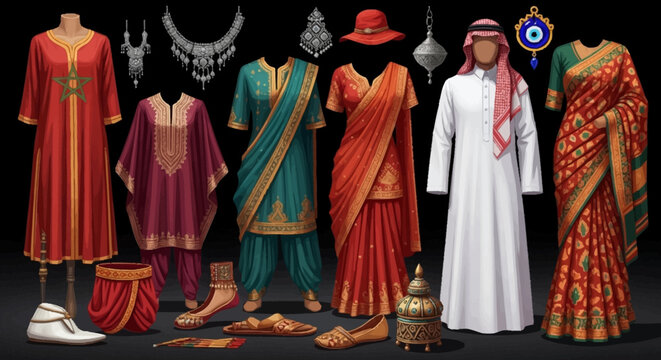 Traditional Moroccan clothing and accessories on display