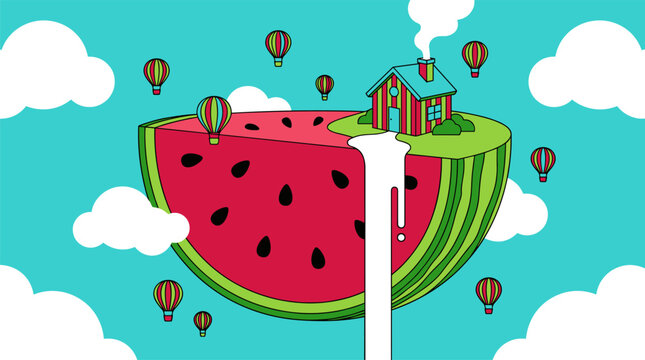 Floating Watermelon Island With Cottage And Milk River Pop Surrealism Flat Illustration With Bold Outlines