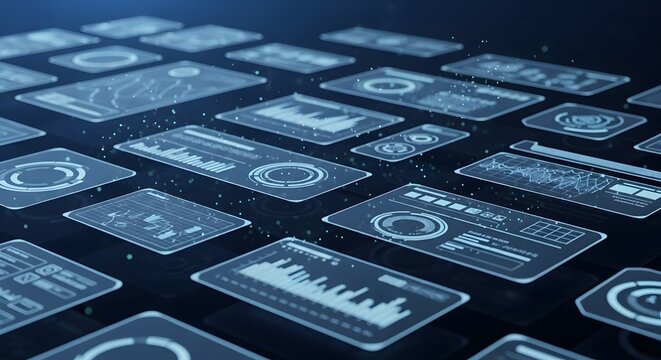 Collection of digital interface screens displaying charts and graphs representing data analytics and technology interface analytics technology abstract information
