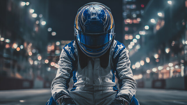 A focused racer in a helmet, preparing for the race night under bright city lights, showcasing determination and passion.
