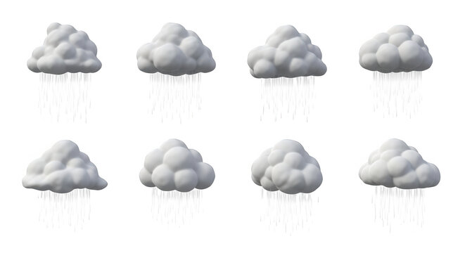 3d rendered gray clouds with rain droplets on a white background weather forecasting or precipitation