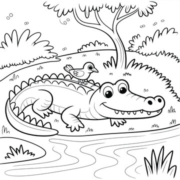 Alligator coloring page, friendly crocodile with bird on back riverbank nature scene kids coloring book outline drawing