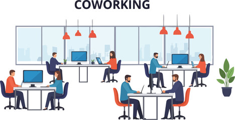 Naklejka premium Modern Coworking Space Concept Illustration with Diverse People Working on Laptops and Computers in a Shared Office Environment with City Skyline View