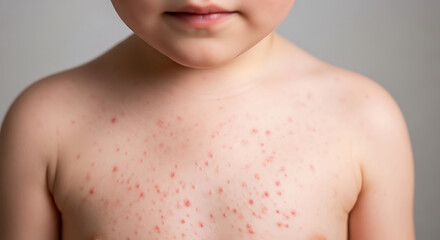Naklejka premium Child's chest covered in red rash spots with visible lips and shoulder skin