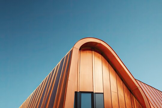 Modern copper building with curved roof against a clear blue sky