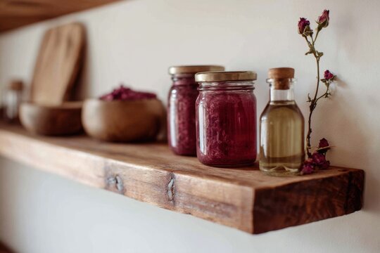 View of a kitchen shelf with a few jars of rose petal jam and a small bottle of rose-infused oil, natural homemade products