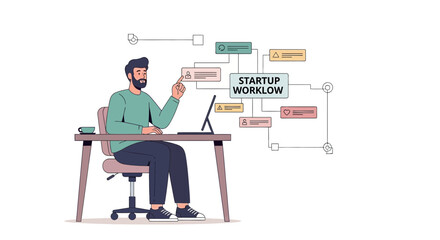 Fototapeta premium Man working on startup workflow diagram on laptop at desk