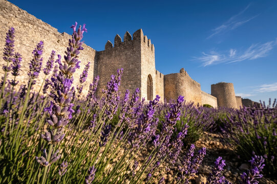 Urue&ntilde;a Castle rising above endless lavender fields in full bloom under soft summer light, a serene and aromatic landscape in the Spanish countryside. La villa del libro