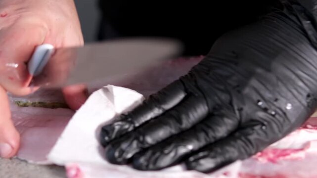 Close-up of Professional Chef Hands Filleting Fresh Zander Fish on a Wooden Table. Male Hands Using a Sharp Knife to Cut Raw Pike Perch. Process of Preparing Fish Fillets in the Kitchen. 