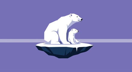 Fototapeta premium A mother polar bear and her cub stranded on a shrinking iceberg, symbolizing the urgent global warming crisis and the vulnerability of arctic wildlife