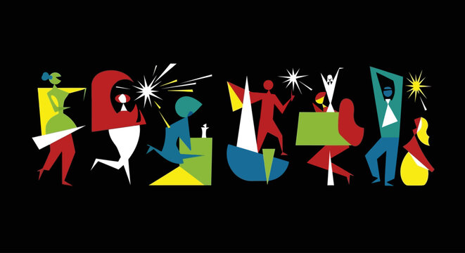 Joyful people celebrating with abstract shapes and fireworks