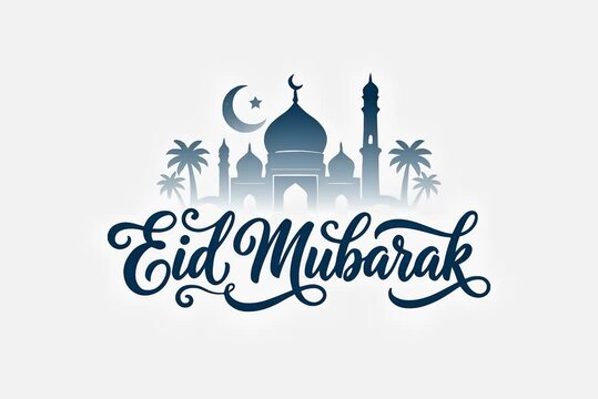 Eid Mubarak video with animated mosque silhouette, crescent moon and star, and palm trees for Muslim holiday