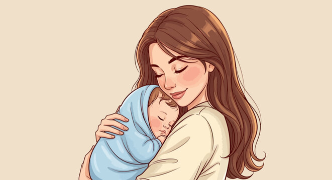 Heartfelt illustration of a gentle mother softly cradling her precious newborn baby, embodying warmth and unconditional love