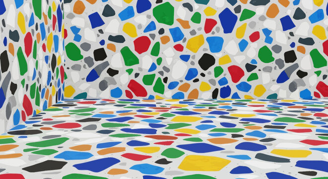 Colorful terrazzo pattern on floor and walls