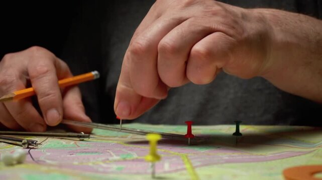 Hands of a topographer using a pencil and compass to place colored push pins on a detailed map, showcasing a methodical approach to planning or organizing