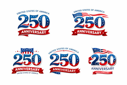 Patriotic 250th anniversary badges and banners with american flag imagery