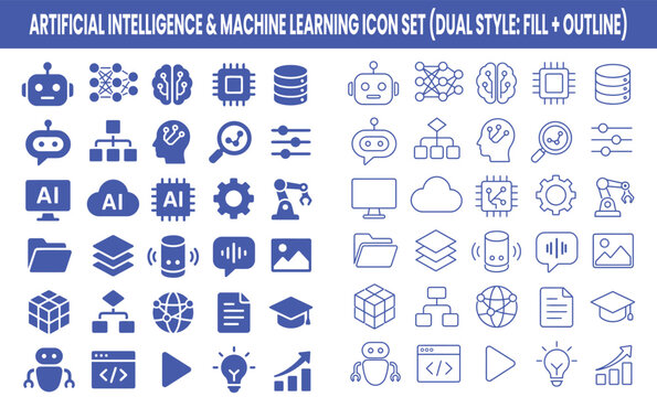 Artificial intelligence and machine learning icon set on icon set