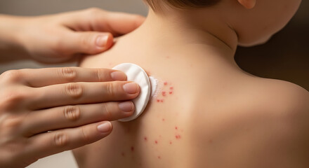 Naklejka premium Adult hand applying cream to child's back with red spots skin