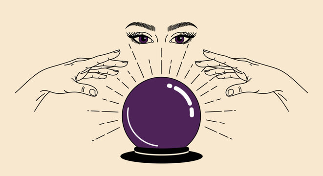 Mystical fortune teller looking into a glowing crystal ball with hands