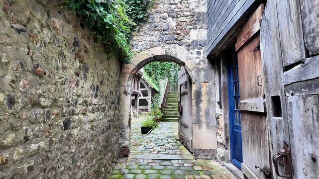 Push-in shot through an iron gate revealing a historic cobbled alleyway.