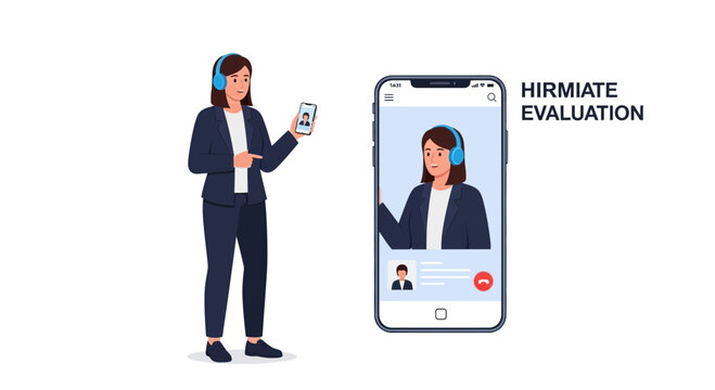Remote Evaluation: Woman with Headphones on Video Call, Mobile Screen