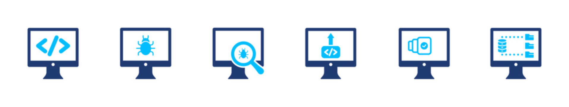 Software development icon set. coding, programming, debugging, system, technology. solid style icon collection.