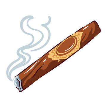 Cigar with gold band, brown wrapper and curling smoke, angled game token. Mafia board game role prop, crime party clue with cigar, cartoon vector illustration.