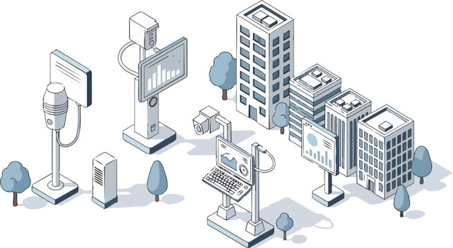 Isometric Smart City Monitoring and Surveillance System with IoT Sensors, Data Analytics Screens, and Urban Security Cameras Illustration