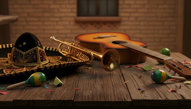 Traditional mariachi band musical instruments including guitar trumpet and sombrero on wooden table for Cinco de Mayo celebration concept with festive confetti and limes