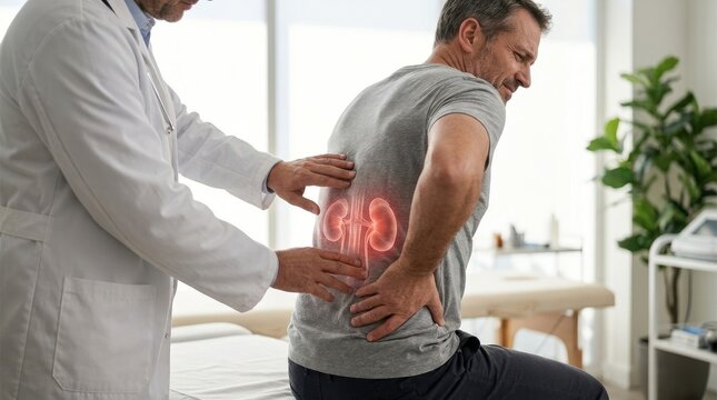 Internal organ ailment: kidney disease, patient suffer, doctor examine, health concern, abdominal ache, diagnosis consult, human body, medical professional.