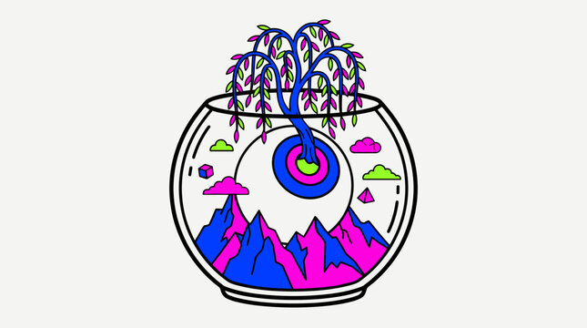 Giant Eyeball Terrarium with Mountains and Willow Tree Pop Surrealism Flat Illustration with Bold Outlines