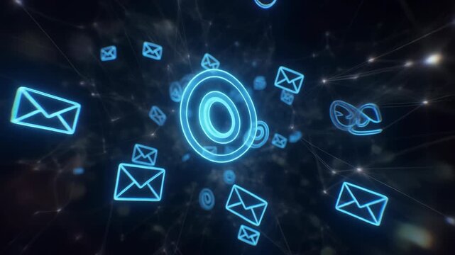 Futuristic Digital Communication with Glowing Neon Email Icons.