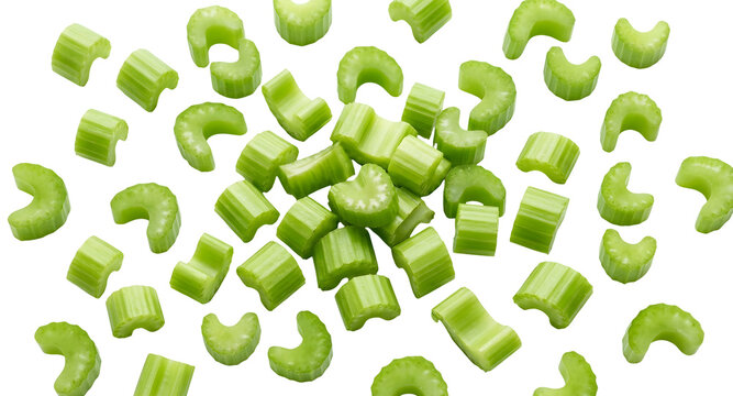 Fresh green celery sticks and slices, isolated on white or transparent background