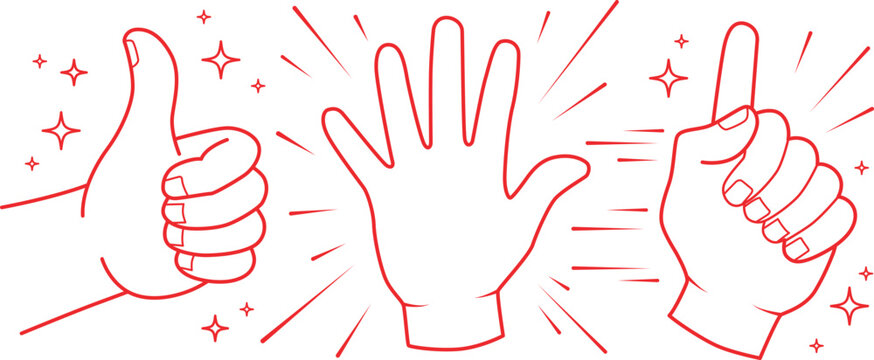 Red line drawing of three hands making gestures