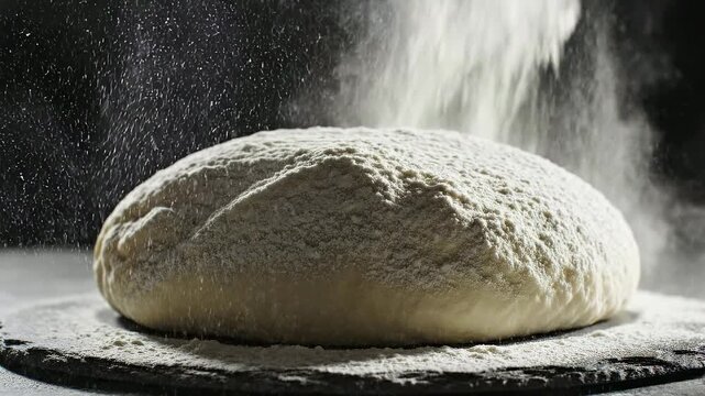 Artisan Flour Dusting: A close-up shot of a rustic loaf of bread is artfully dusted with a gentle cascade of flour.