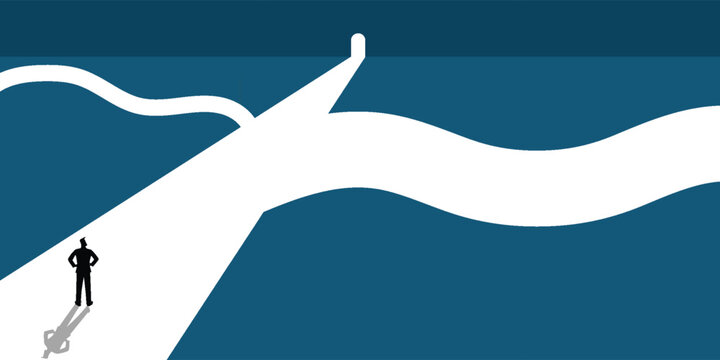 A person stands at a fork in a white path against a blue background, contemplating a decision about which direction to take, symbolizing choice and future.
