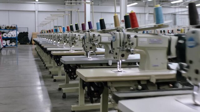 Row of industrial sewing machines in a textile factory, ready for production