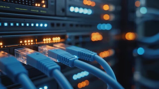 Network Switch with Ethernet Cables Plugged into Ports in a Data Center.
