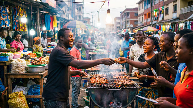 african street food barbecue vendor grill market skewers nightlife crowd local cuisine smoky evening stall serving hot food to customers conveying flavor sociability and energetic city commerce