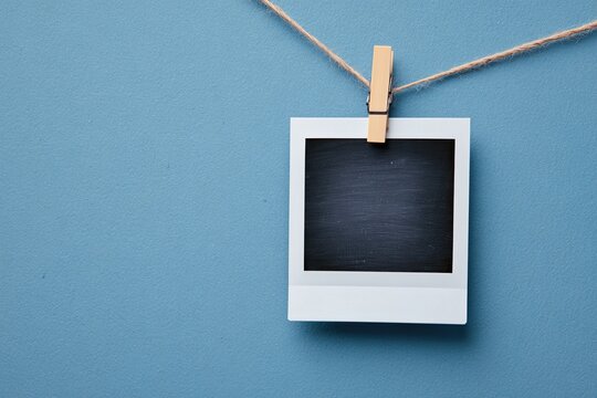 White instant photo frame clipped to twine on a blue wall