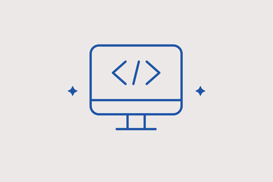 Monitor with code tags line icon for web programming and full-stack development. Modern Vector Illustration for coding bootcamps and software engineer portfolios.