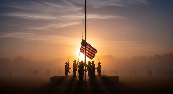 Dawn silhouettes of soldiers around a flagpole during a sunrise ceremony, symbolizing unity and national pride.
