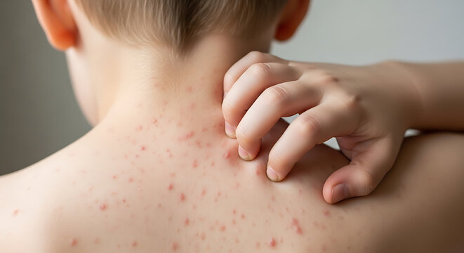 Child scratching itchy red spots on back and shoulder image