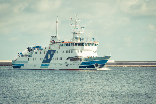 Swinoujscie, West Pomeranian - Poland - July 31, 2025: Scientific research vessel Horyzont II sailing to Swinoujscie.