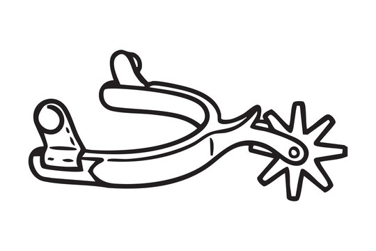 Cowboy spur with star decoration. Metal and leather cowboy spur illustration scene. Detailed depiction of cowboy spurred boot featuring star rowel and mixed leather and metal embellishments