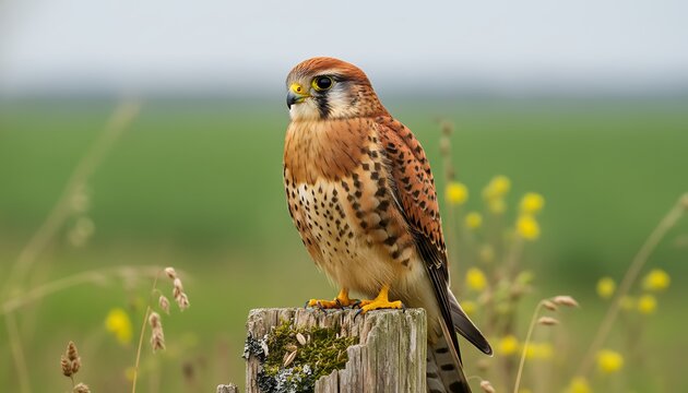 American kestrel perched on weathered wooden post in field