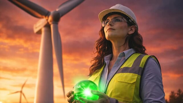 Female engineer holding green globe near wind turbines at sunset for renewable energy