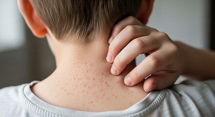 Fototapeta premium Child scratching neck with red bumps close up hand fingers