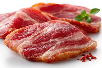 Obraz premium Raw bacon slices with herb garnish on white surface