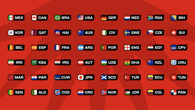 Country Flags Group for Football 2026 Tournament A Stylized Vector Collection for National Team Qualification Announcements, Dynamic and Modern.